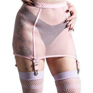 Pink Mesh Suspenders Silver Clips Fishnet Mini Skirt by Killstar - NEW